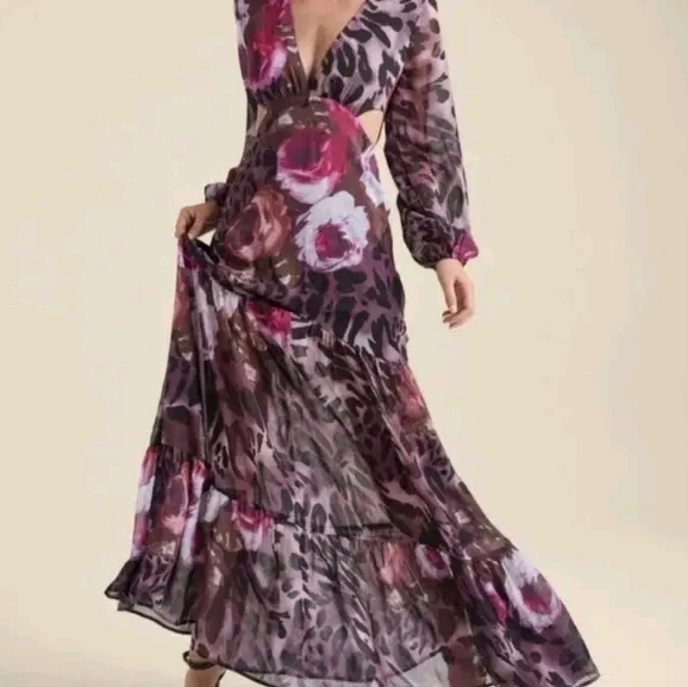 Giffniseti Women's 1XL Leopard Cut Out Lantern Sleeve Ruffle Hem Dress New